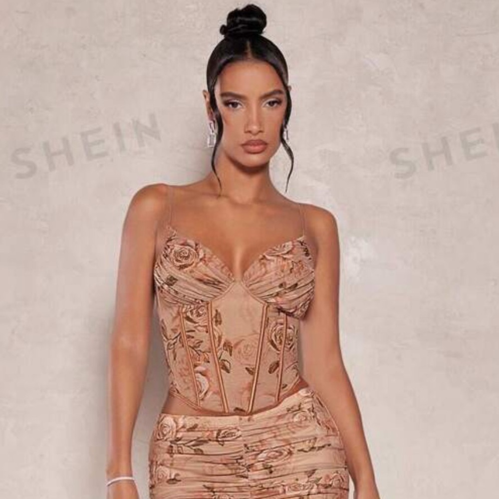 Floral Print Ruched Bustier Mesh Beige/Brown Corset Top size Medium US 6 - Picture 4 of 12